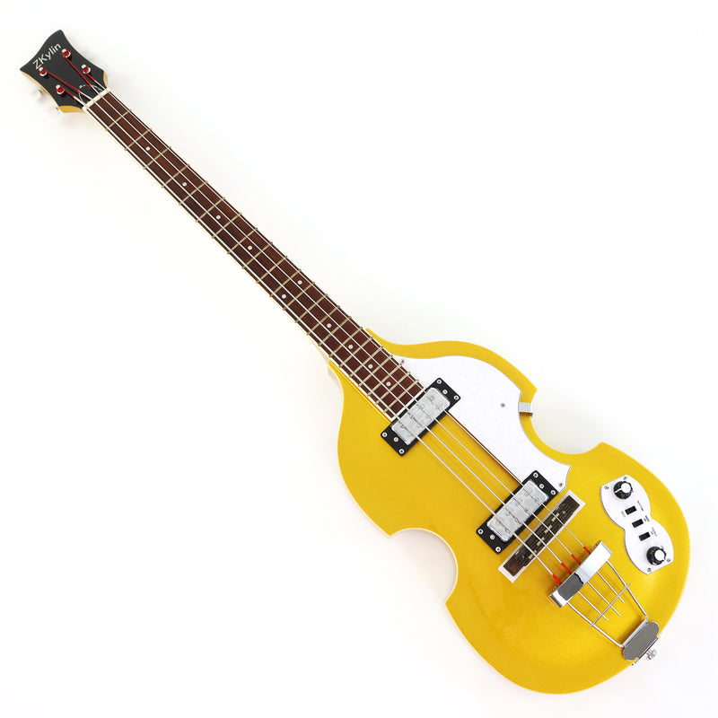 4 String Semi-Hollow Violin Electric Bass Guitar with Gold Metallic Sparkling Finish (PHY-107)