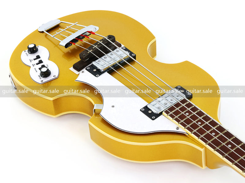 4 String Semi-Hollow Violin Electric Bass Guitar with Gold Metallic Sparkling Finish (PHY-107)
