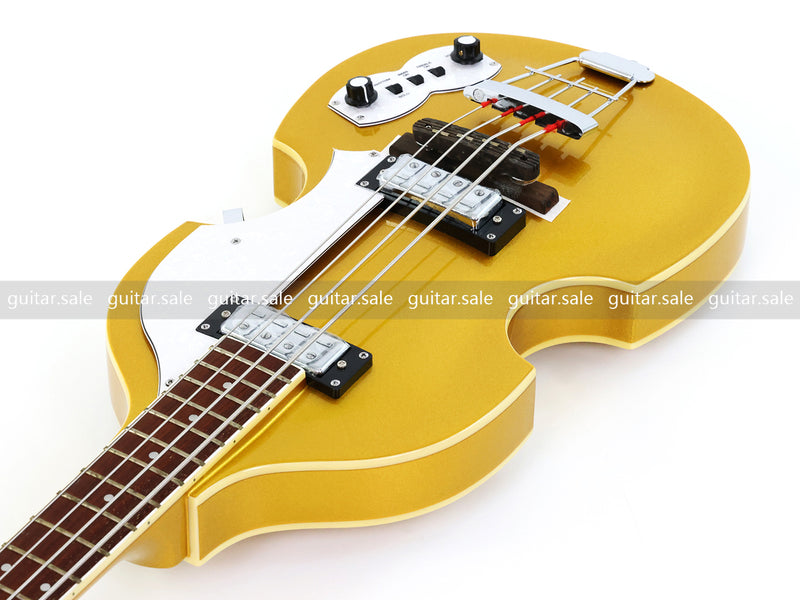 4 String Semi-Hollow Violin Electric Bass Guitar with Gold Metallic Sparkling Finish (PHY-107)