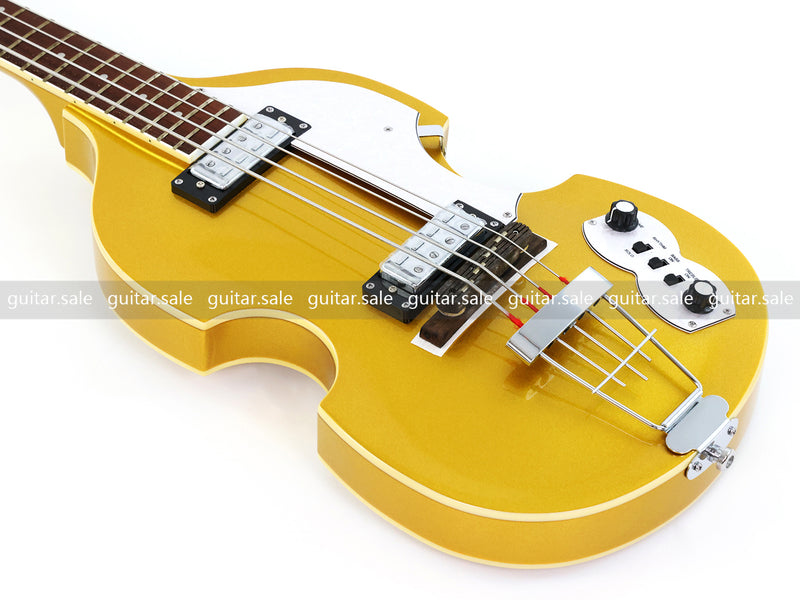 4 String Semi-Hollow Violin Electric Bass Guitar with Gold Metallic Sparkling Finish (PHY-107)