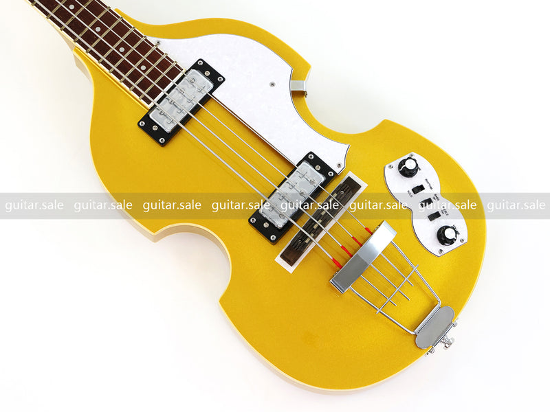 4 String Semi-Hollow Violin Electric Bass Guitar with Gold Metallic Sparkling Finish (PHY-107)