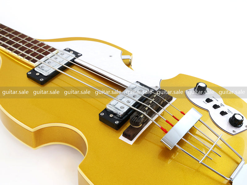 4 String Semi-Hollow Violin Electric Bass Guitar with Gold Metallic Sparkling Finish (PHY-107)
