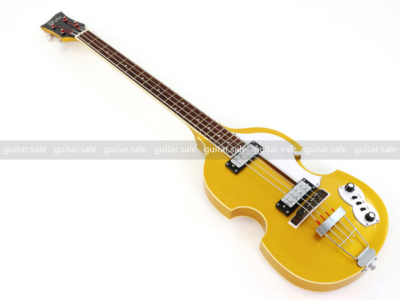 4 String Semi-Hollow Violin Electric Bass Guitar with Gold Metallic Sparkling Finish (PHY-107)