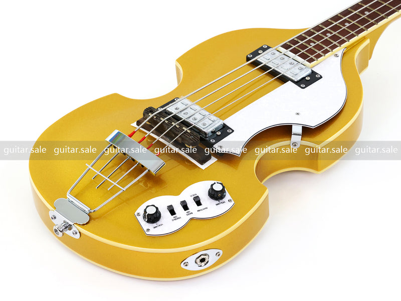 4 String Semi-Hollow Violin Electric Bass Guitar with Gold Metallic Sparkling Finish (PHY-107)
