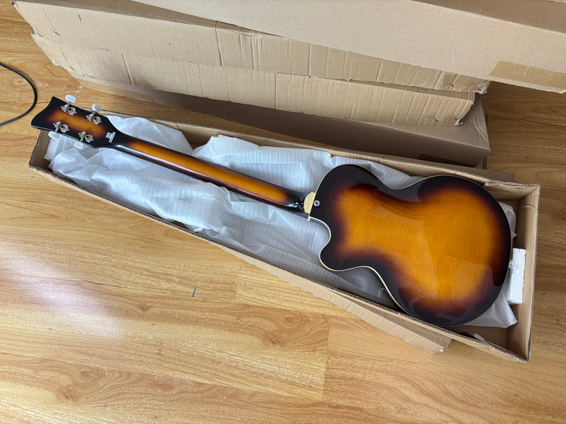 4 String 30 inch Short Scale Semi Hollow Sunburst Electric Bass Guitar(PHF-129)