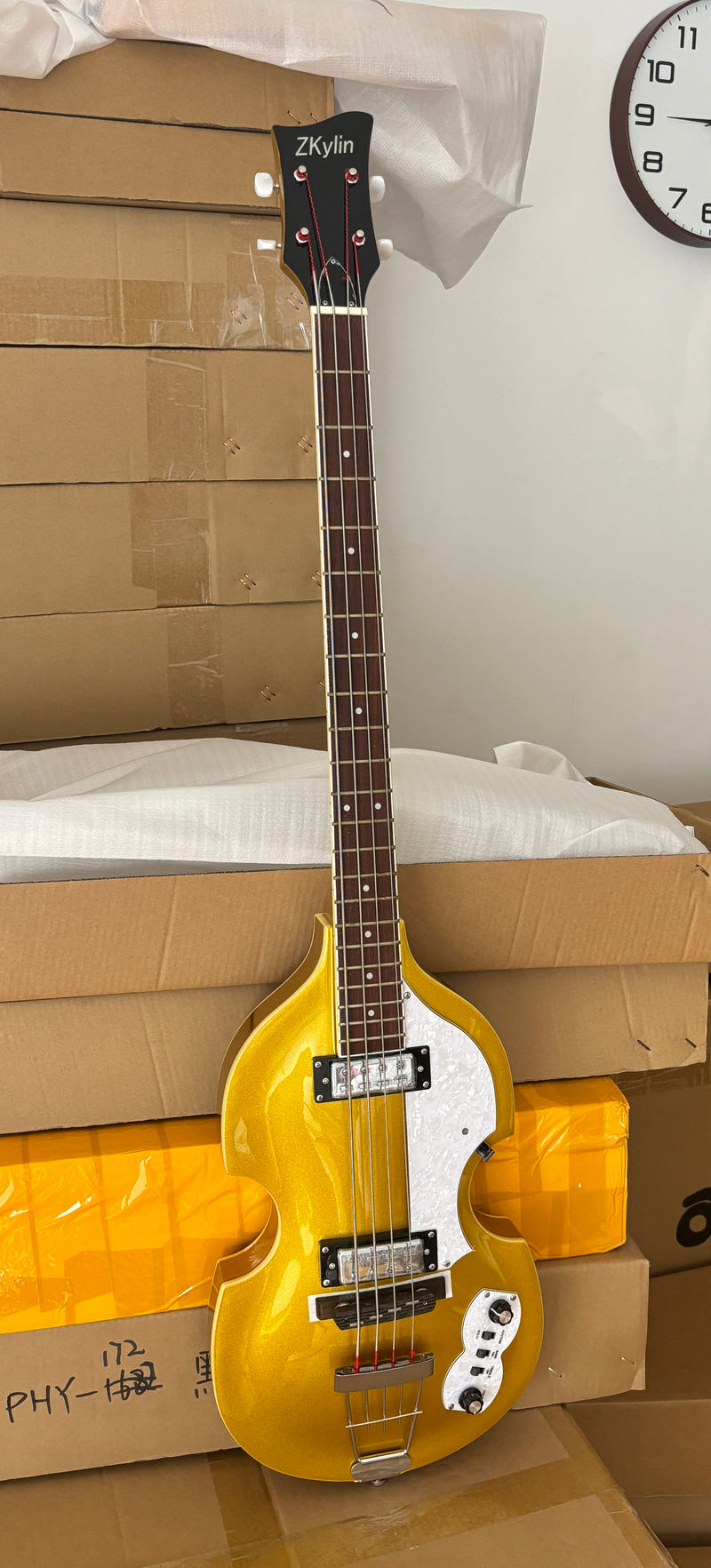 4 String Semi-Hollow Violin Electric Bass Guitar with Gold Metallic Sparkling Finish (PHY-107)