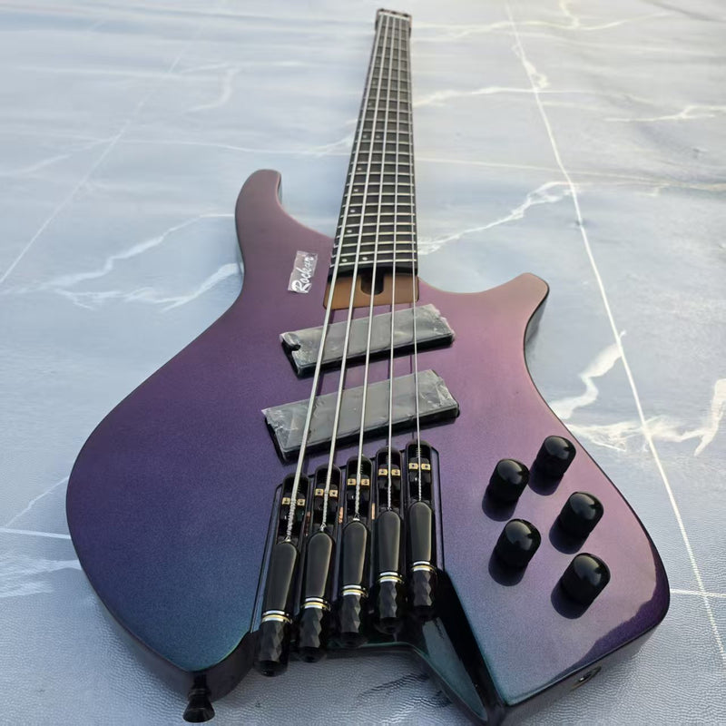 Headless 5-String Multiscale Fanned-Fret Bass Guitar with Gloss Color-Shifting Finish (LYM-299)
