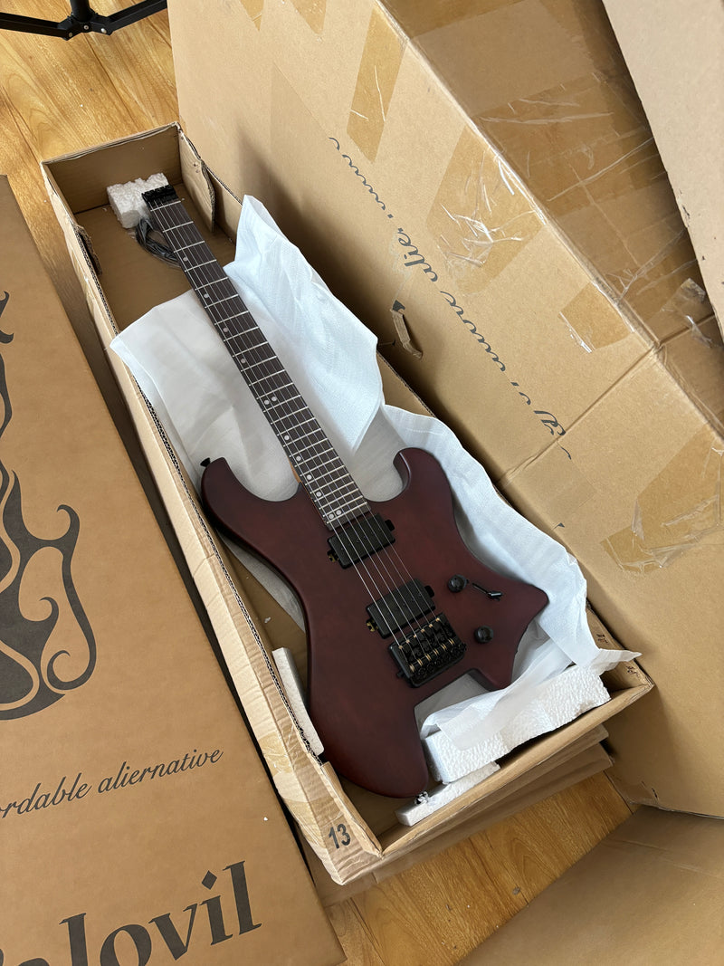 6-String Solid Body Headless Electric Guitar with Matte Dark Cherry Red Finish (HY-2542)