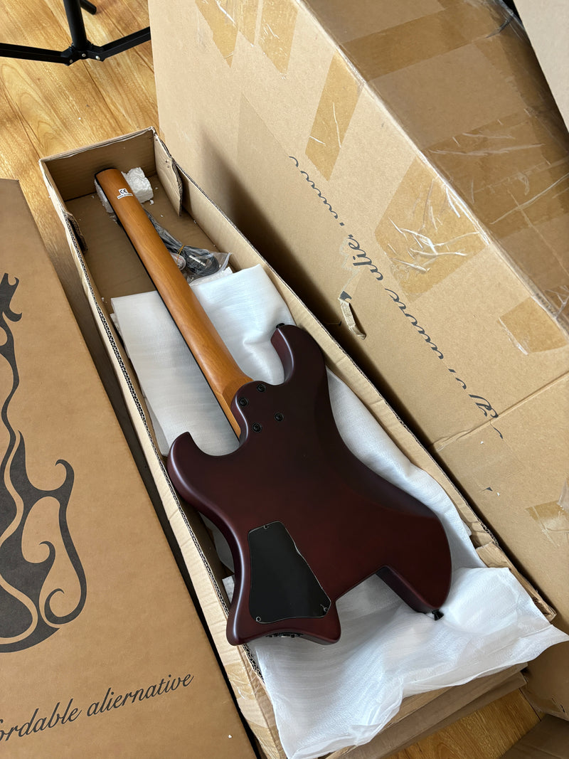 6-String Solid Body Headless Electric Guitar with Matte Dark Cherry Red Finish (HY-2542)