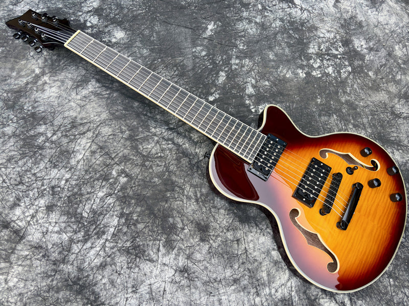 7-String Semi-Hollow Body Electric Guitar with Gloss Tobacco Sunburst Finish (YMZ-109)