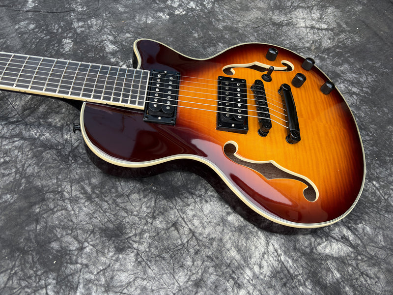 7-String Semi-Hollow Body Electric Guitar with Gloss Tobacco Sunburst Finish (YMZ-109)