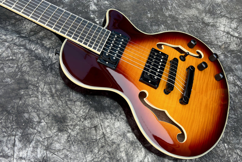 7-String Semi-Hollow Body Electric Guitar with Gloss Tobacco Sunburst Finish (YMZ-109)