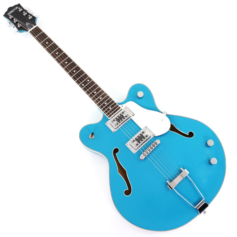 ES-Style Semi-Hollow Body Electric Guitar with Gloss Bright Turquoise Finish (HY-2548)