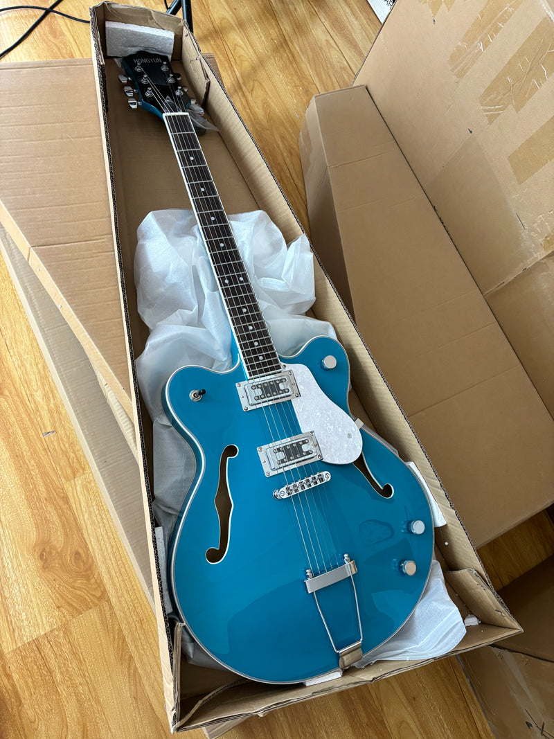 ES-Style Semi-Hollow Body Electric Guitar with Gloss Bright Turquoise Finish (HY-2548)