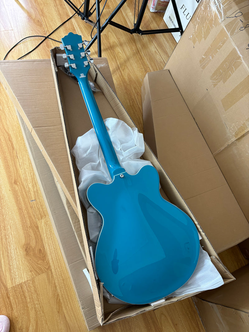 ES-Style Semi-Hollow Body Electric Guitar with Gloss Bright Turquoise Finish (HY-2548)