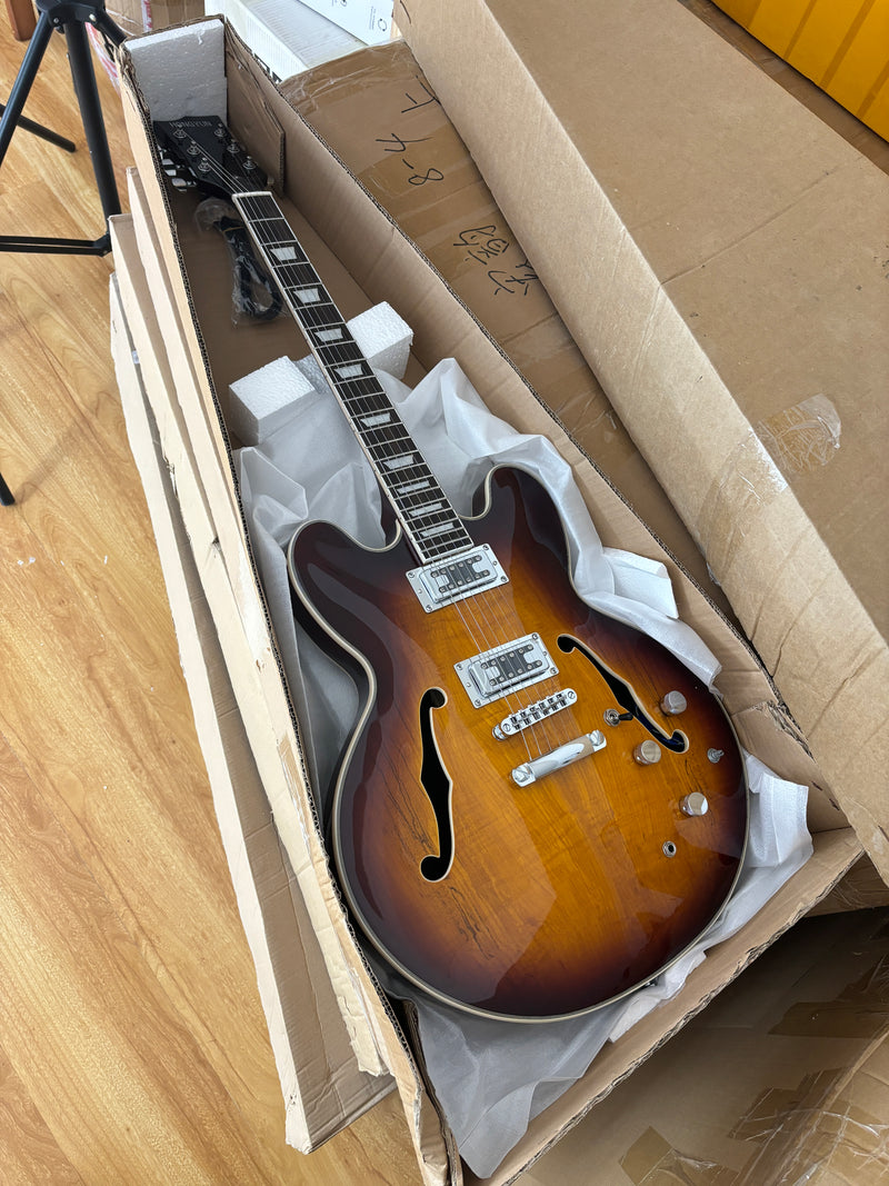 ES-Style Semi-Hollow Body Electric Guitar with Gloss Sunburst Finish (HY-2555)