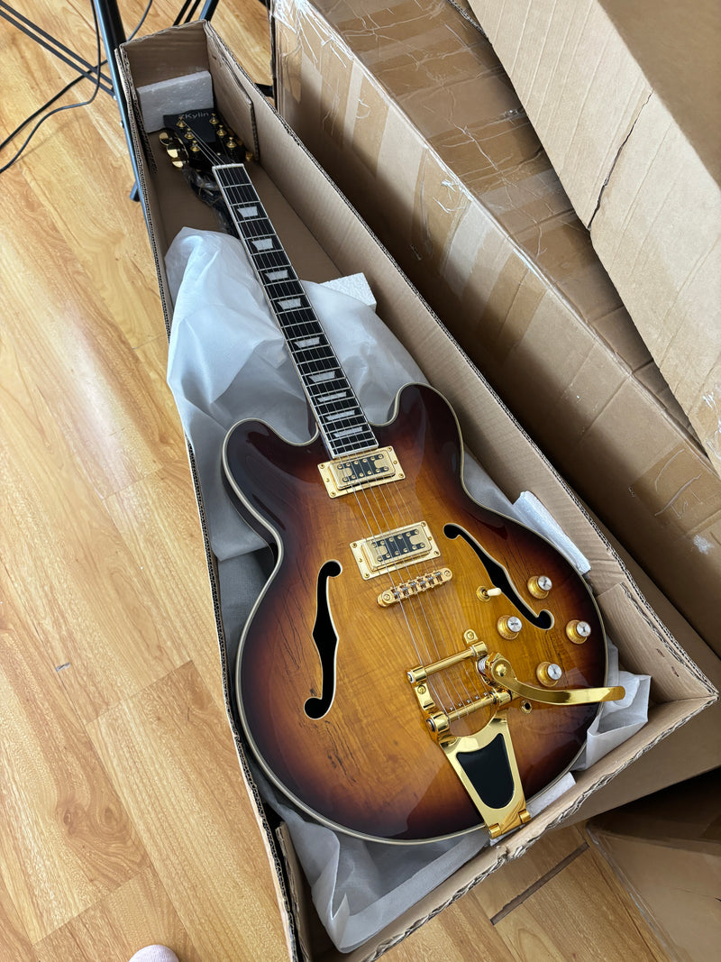 ES-Style Semi-Hollow Body Electric Guitar with Gloss Tobacco Sunburst Finish (HY-2560)