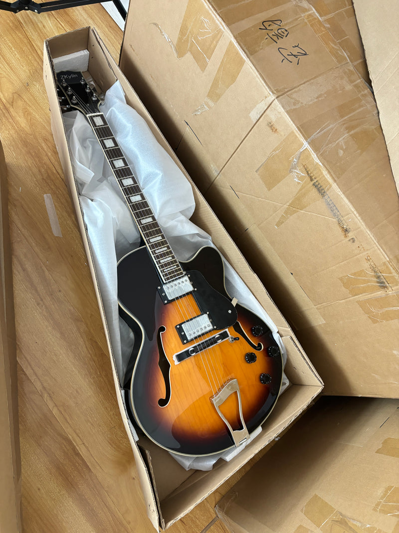 ES-Style Semi-Hollow Body Jazz Electric Guitar with Gloss Sunburst Finish (HY-2558)