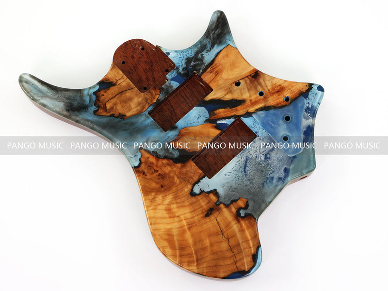 One-of-a-Kind Burl Wood Veneer Epoxy Resin 4 String Headless Electric Bass Guitar Body (H4B-001)