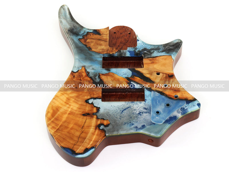 One-of-a-Kind Burl Wood Veneer Epoxy Resin 4 String Headless Electric Bass Guitar Body (H4B-001)