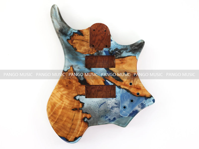 One-of-a-Kind Burl Wood Veneer Epoxy Resin 4 String Headless Electric Bass Guitar Body (H4B-001)
