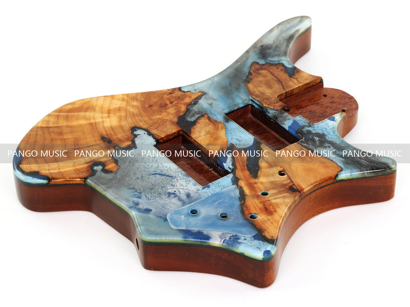 One-of-a-Kind Burl Wood Veneer Epoxy Resin 4 String Headless Electric Bass Guitar Body (H4B-001)