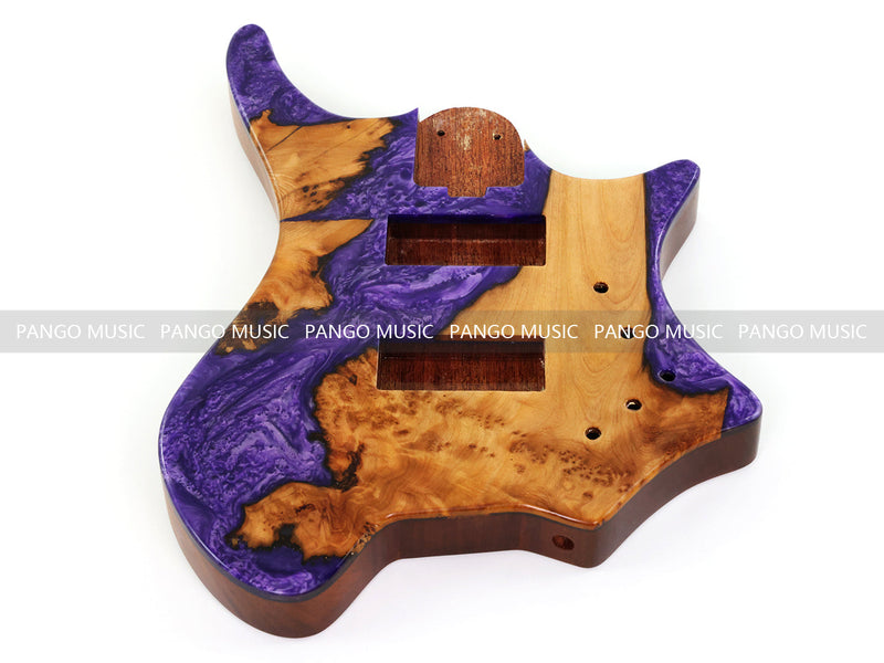 One-of-a-Kind Burl Wood Veneer Epoxy Resin 4 String Headless Electric Bass Guitar Body (H4B-002)