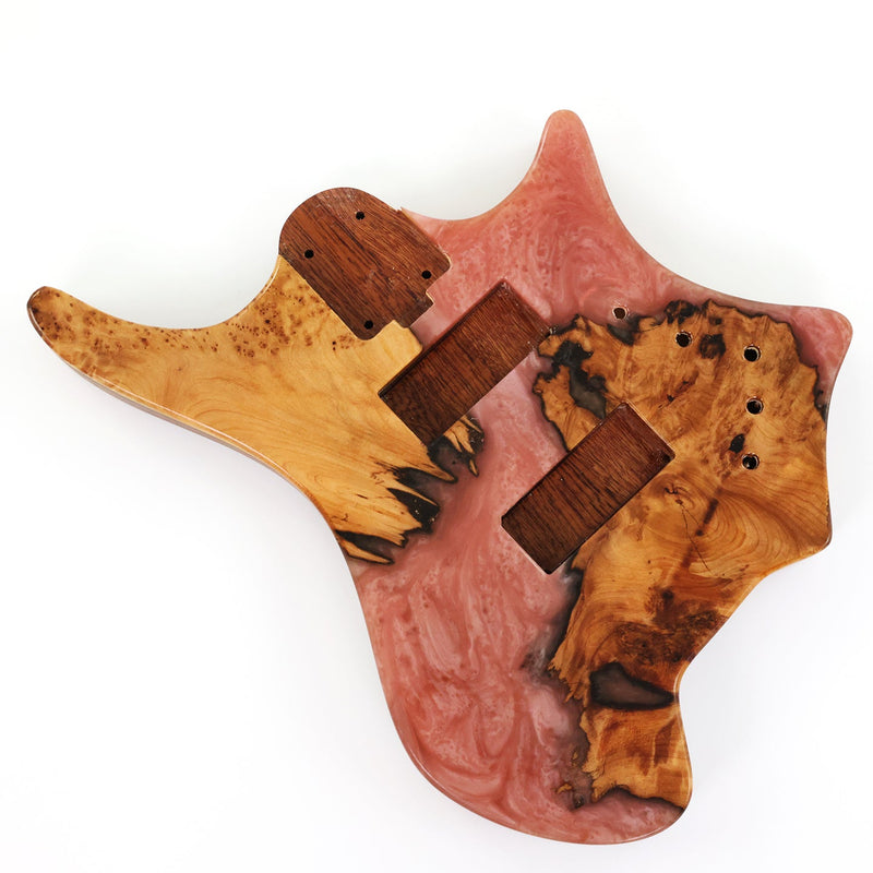One-of-a-Kind Burl Wood Veneer Epoxy Resin 4 String Headless Electric Bass Guitar Body (H4B-005)