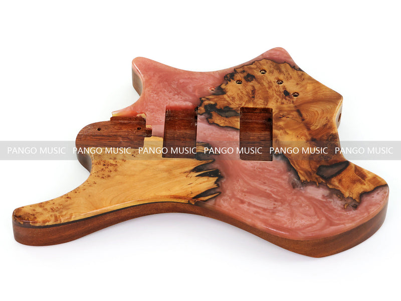 One-of-a-Kind Burl Wood Veneer Epoxy Resin 4 String Headless Electric Bass Guitar Body (H4B-005)