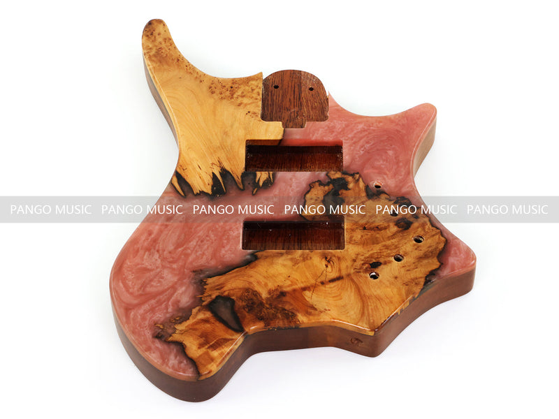 One-of-a-Kind Burl Wood Veneer Epoxy Resin 4 String Headless Electric Bass Guitar Body (H4B-005)