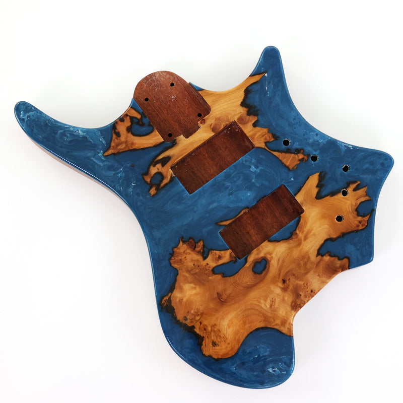 One-of-a-Kind Burl Wood Veneer Epoxy Resin 4 String Headless Electric Bass Guitar Body (H4B-006)