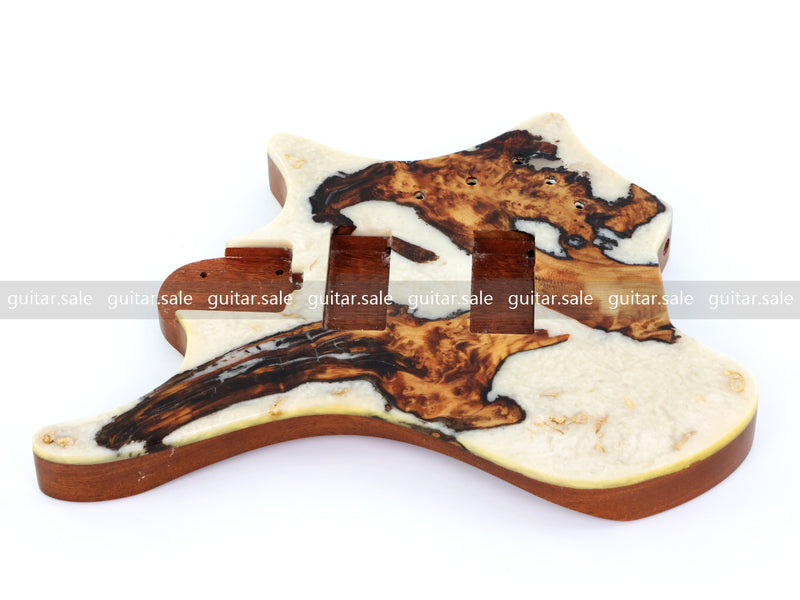 One-of-a-Kind Burl Wood Veneer Epoxy Resin 4 String Headless Electric Bass Guitar Body (H4B-007)