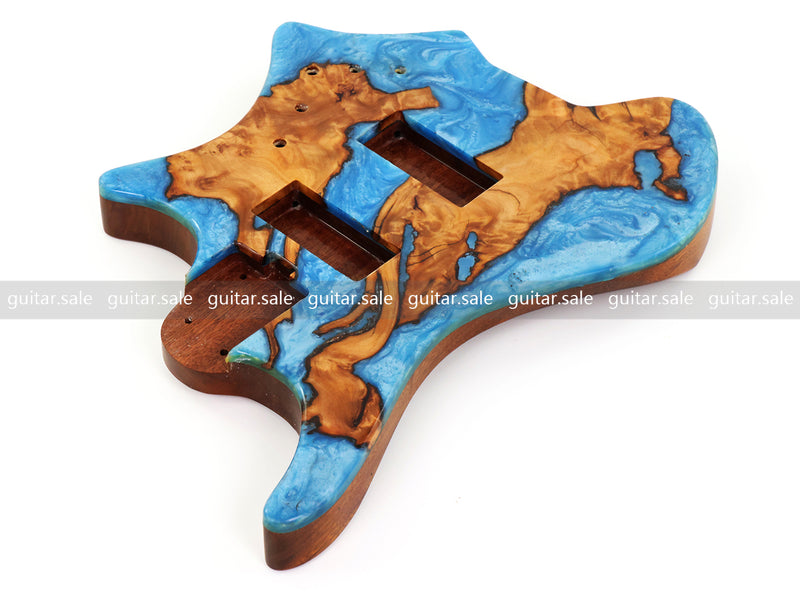 One-of-a-Kind Burl Wood Veneer Epoxy Resin 4 String Headless Electric Bass Guitar Body (H4B-010)