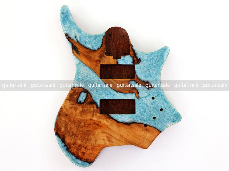 One-of-a-Kind Burl Wood Veneer Epoxy Resin 4 String Headless Electric Bass Guitar Body (H4B-011)