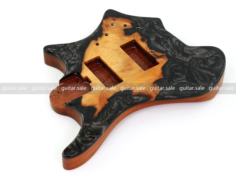 One-of-a-Kind Burl Wood Veneer Epoxy Resin 4 String Headless Electric Bass Guitar Body (H4B-012)
