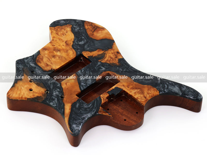 One-of-a-Kind Burl Wood Veneer Epoxy Resin 5 String Headless Electric Bass Guitar Body (H5B-006)