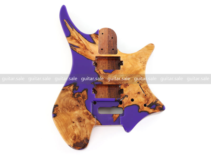 One-of-a-Kind Burl Wood Veneer Epoxy Resin Headless Electric Guitar Body (HBE-004)