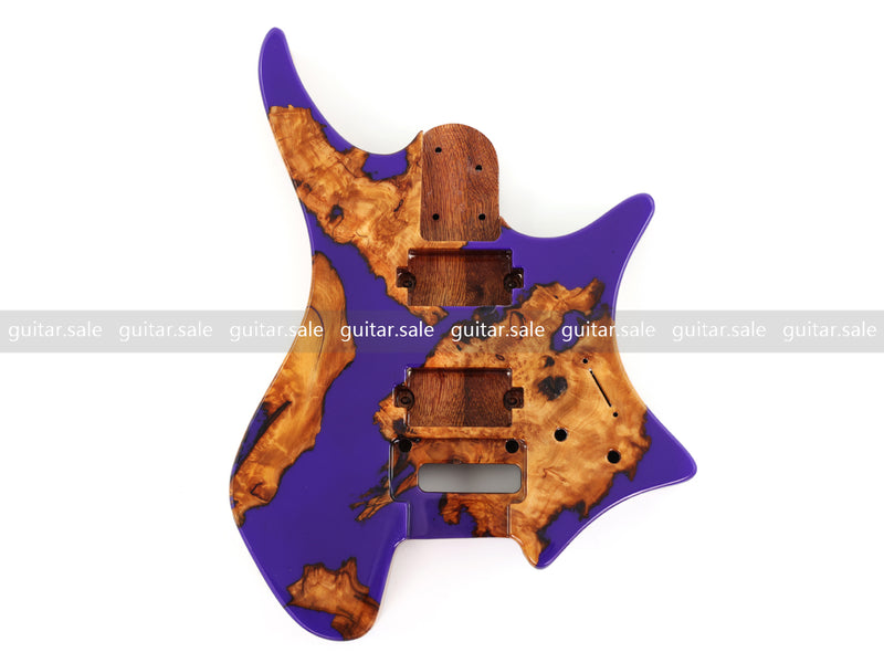 One-of-a-Kind Burl Wood Veneer Epoxy Resin Headless Electric Guitar Body (HBE-011)