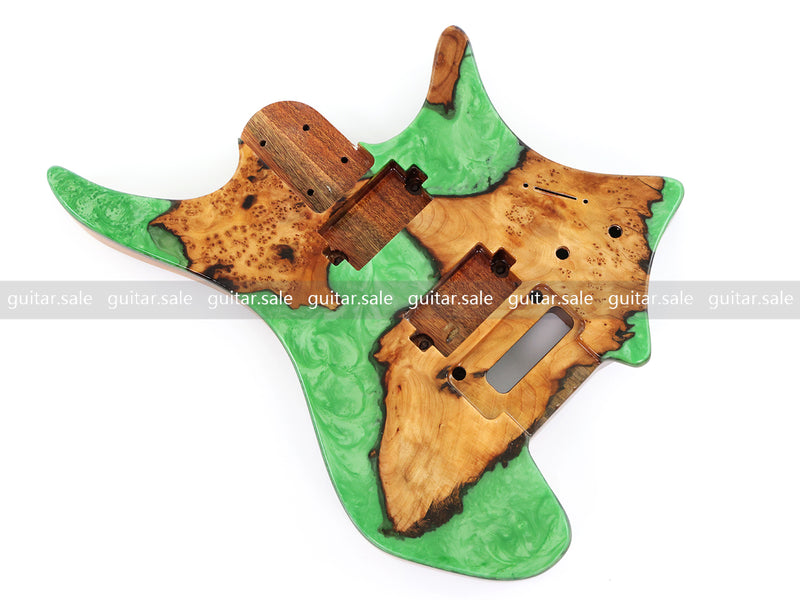 One-of-a-Kind Burl Wood Veneer Epoxy Resin Headless Electric Guitar Body (HBE-016)