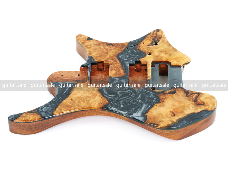 One-of-a-Kind Burl Wood Veneer Epoxy Resin Headless Electric Guitar Body (HBE-018)