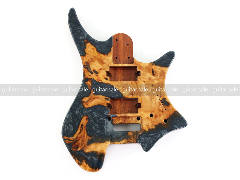 One-of-a-Kind Burl Wood Veneer Epoxy Resin Headless Electric Guitar Body (HBE-020)