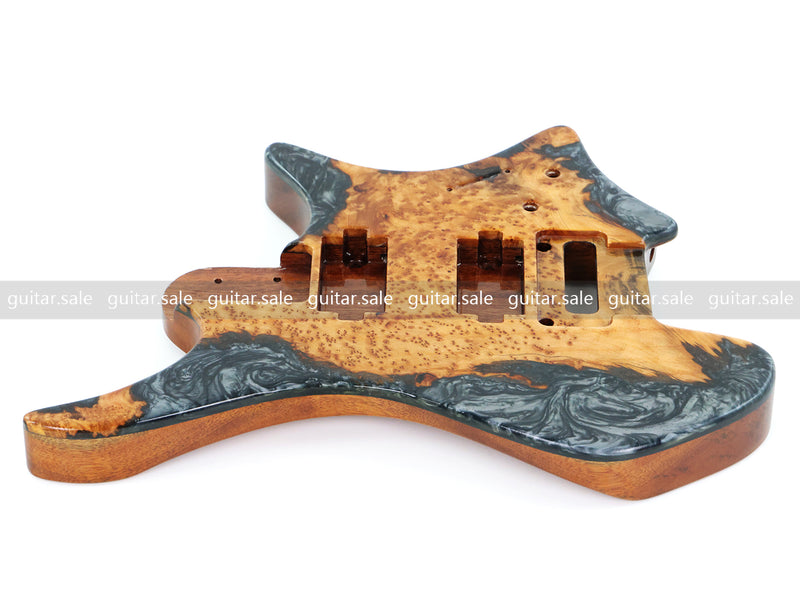 One-of-a-Kind Burl Wood Veneer Epoxy Resin Headless Electric Guitar Body (HBE-021)