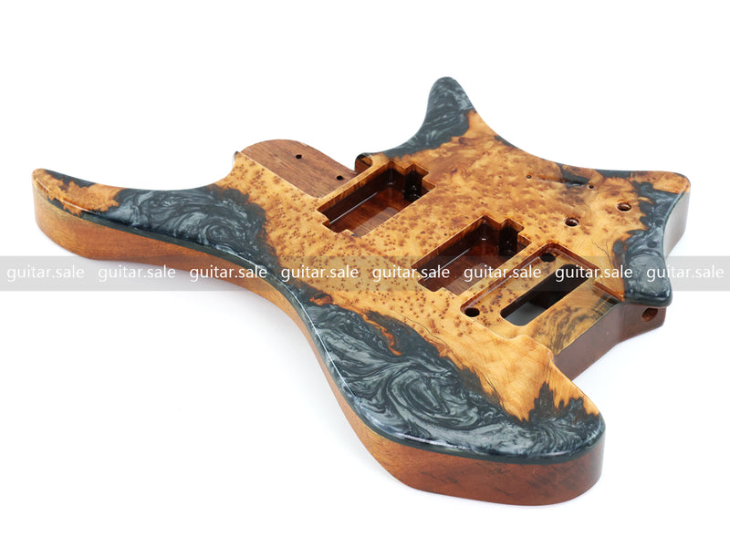 One-of-a-Kind Burl Wood Veneer Epoxy Resin Headless Electric Guitar Body (HBE-021)