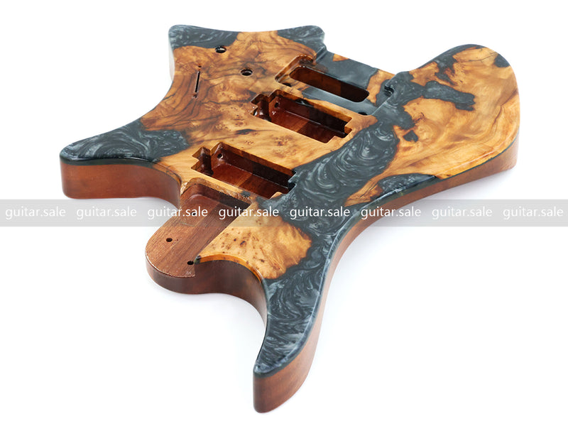 One-of-a-Kind Burl Wood Veneer Epoxy Resin Headless Electric Guitar Body (HBE-022)