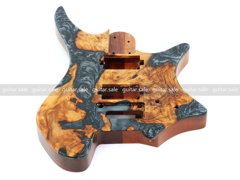 One-of-a-Kind Burl Wood Veneer Epoxy Resin Headless Electric Guitar Body (HBE-022)