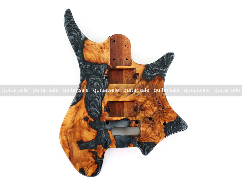 One-of-a-Kind Burl Wood Veneer Epoxy Resin Headless Electric Guitar Body (HBE-022)