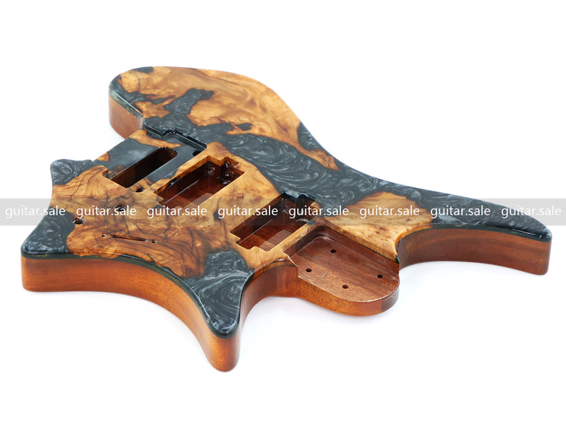 One-of-a-Kind Burl Wood Veneer Epoxy Resin Headless Electric Guitar Body (HBE-022)