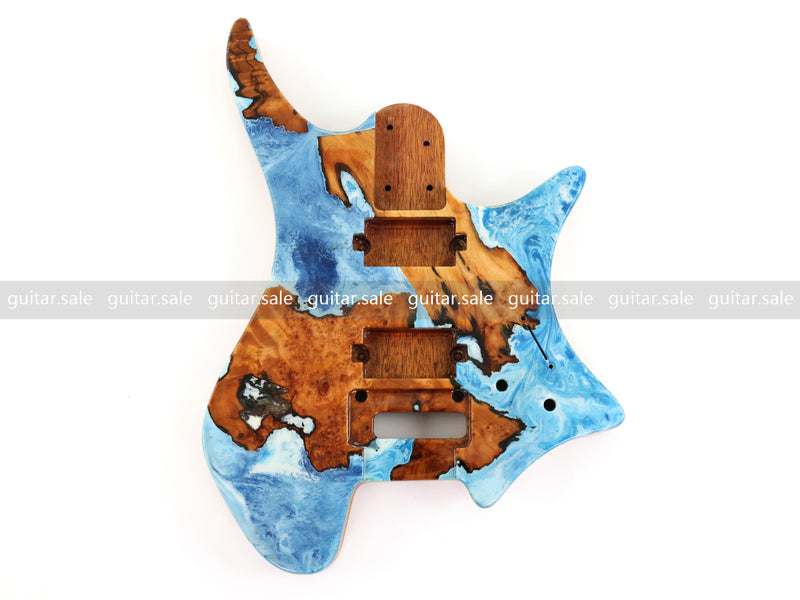 One-of-a-Kind Burl Wood Veneer Epoxy Resin Headless Electric Guitar Body (HBE-026)