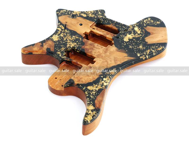 One-of-a-Kind Burl Wood Veneer Epoxy Resin Headless Electric Guitar Body (HBE-034)
