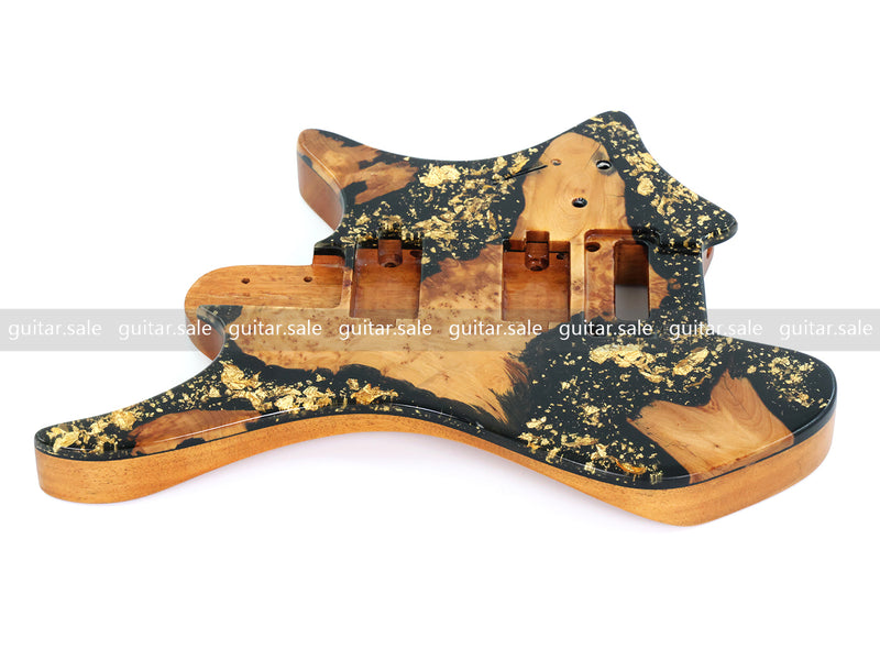 One-of-a-Kind Burl Wood Veneer Epoxy Resin Headless Electric Guitar Body (HBE-034)